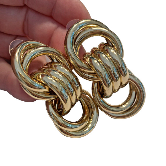 Vintage 1980’s Pierced Earrings Statement Runway Gold Chunky Tubular Chains - Picture 10 of 10